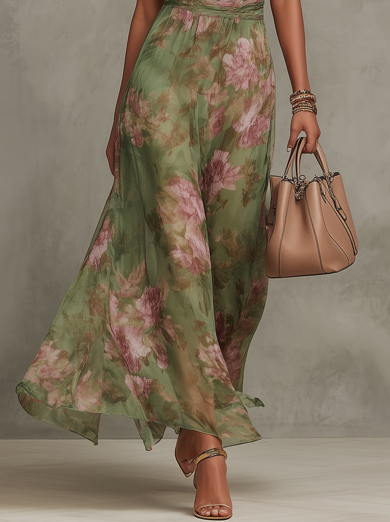 Serena | Green Floral Maxi Dress with Halterneck