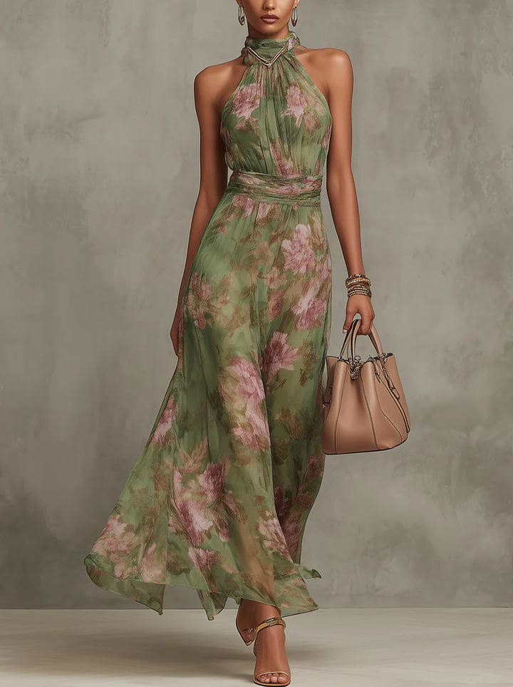 Serena | Green Floral Maxi Dress with Halterneck