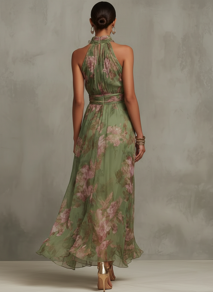 Serena | Green Floral Maxi Dress with Halterneck