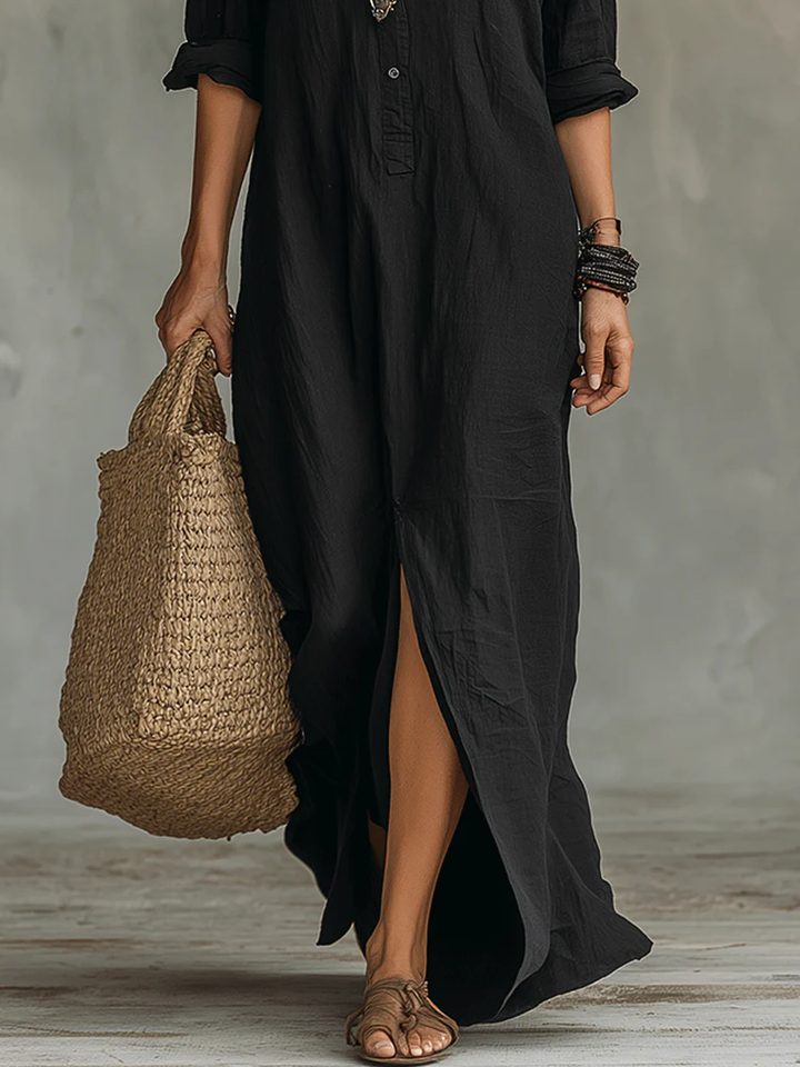 Maxi Black Dress with Buttons | Soline™