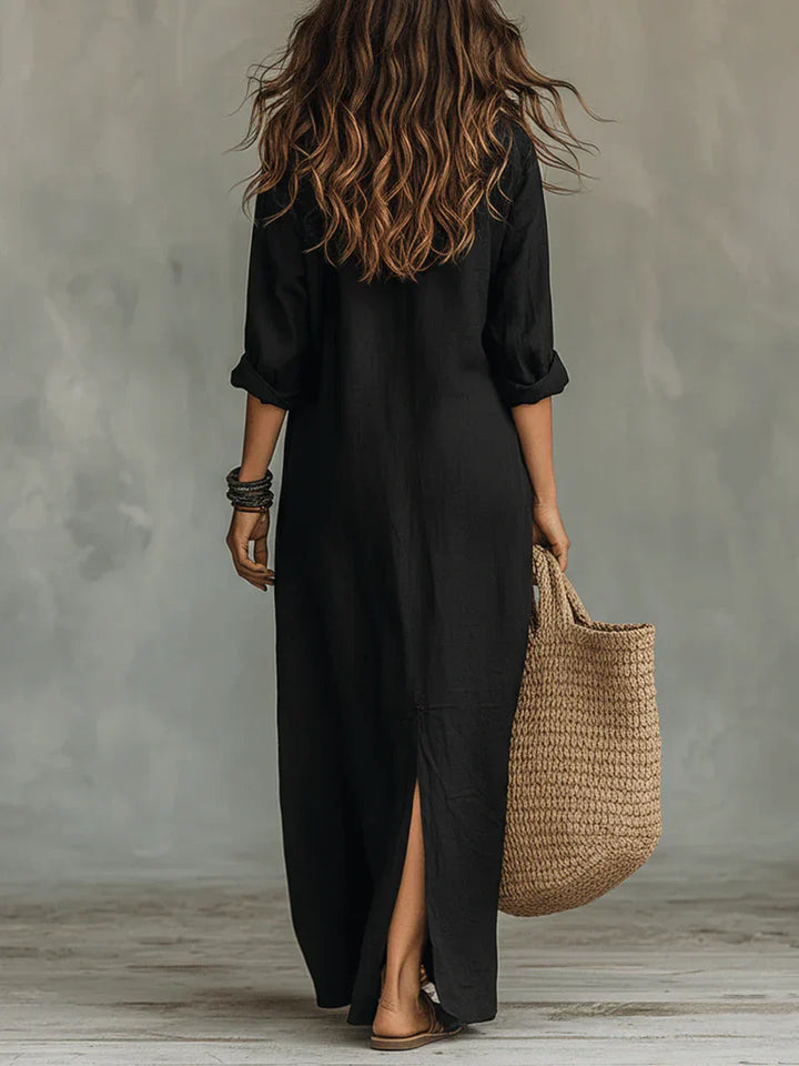 Selena™ | Black Flowy Maxi Dress with Buttons