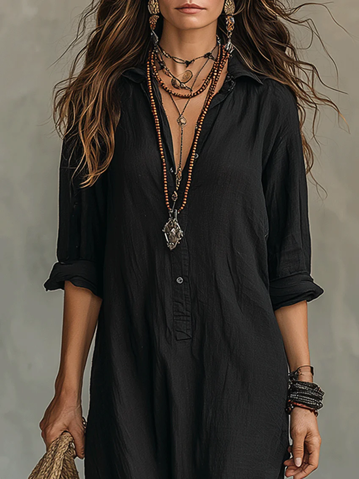 Soline™ | Maxi Black Dress with Buttons