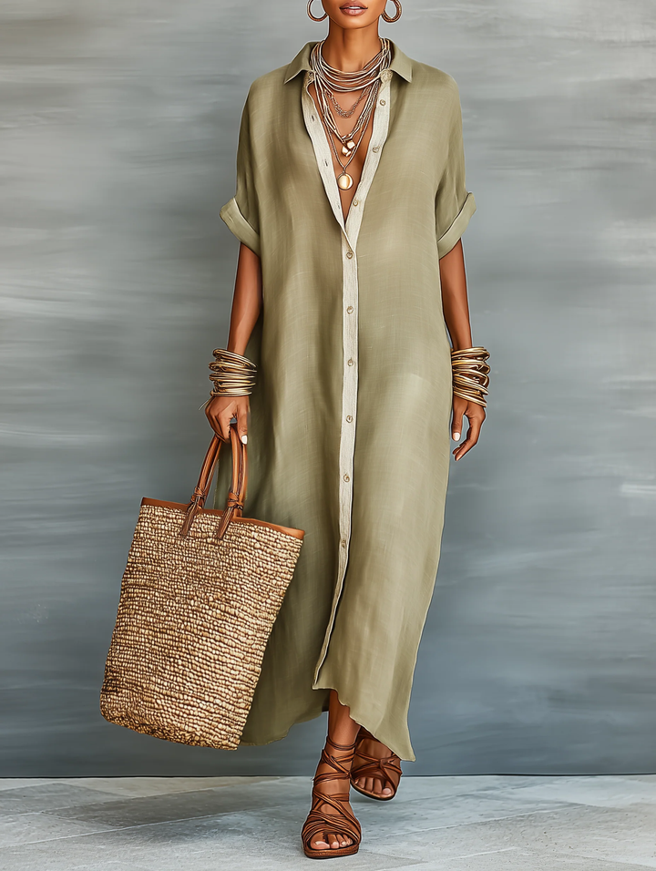 Manelle™ | Maxi Dress Olive Green with Minimalist Line