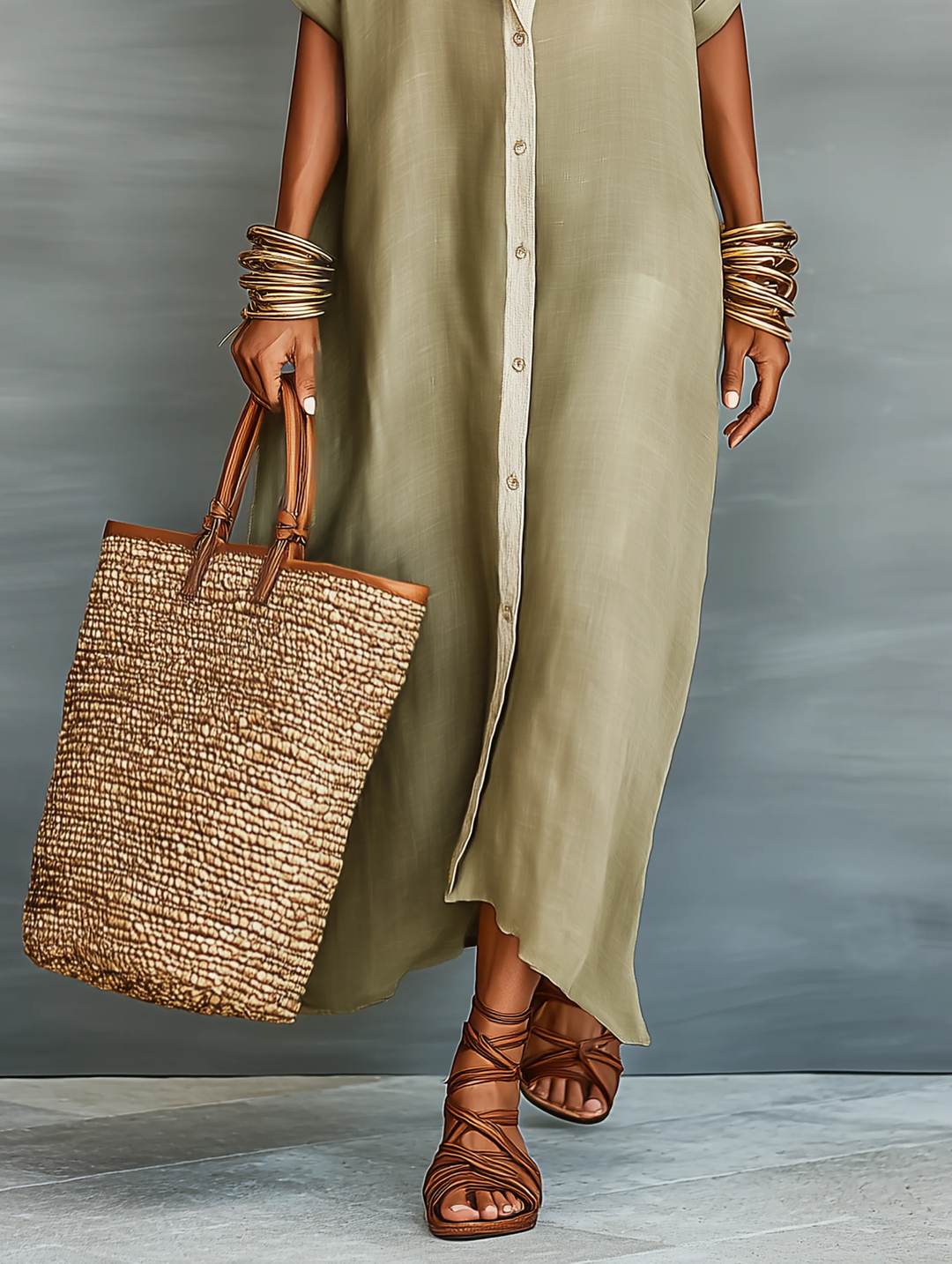 Manelle™ | Maxi Dress Olive Green with Minimalist Line