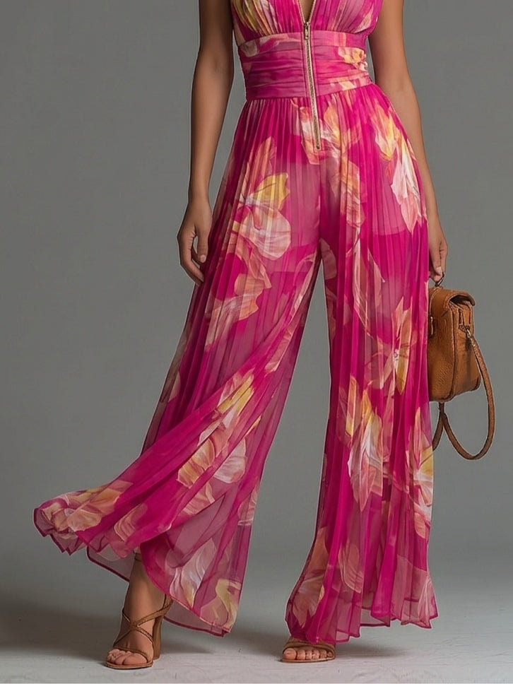 Leabella | Fuchsia Floral Pleated Jumpsuit