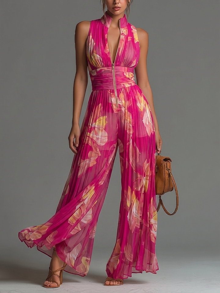 Leabella | Fuchsia Floral Pleated Jumpsuit