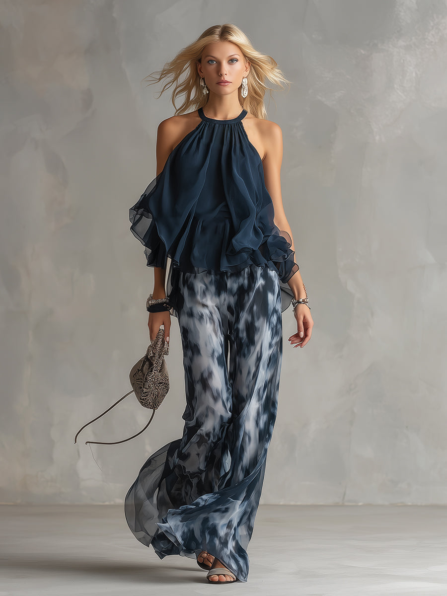Ludovica | Elegant Set with High-Neck Top and Wide-Leg Printed Trousers