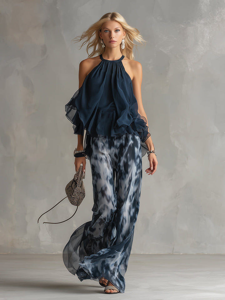 Ludovica | Elegant Set with High-Neck Top and Wide-Leg Printed Trousers