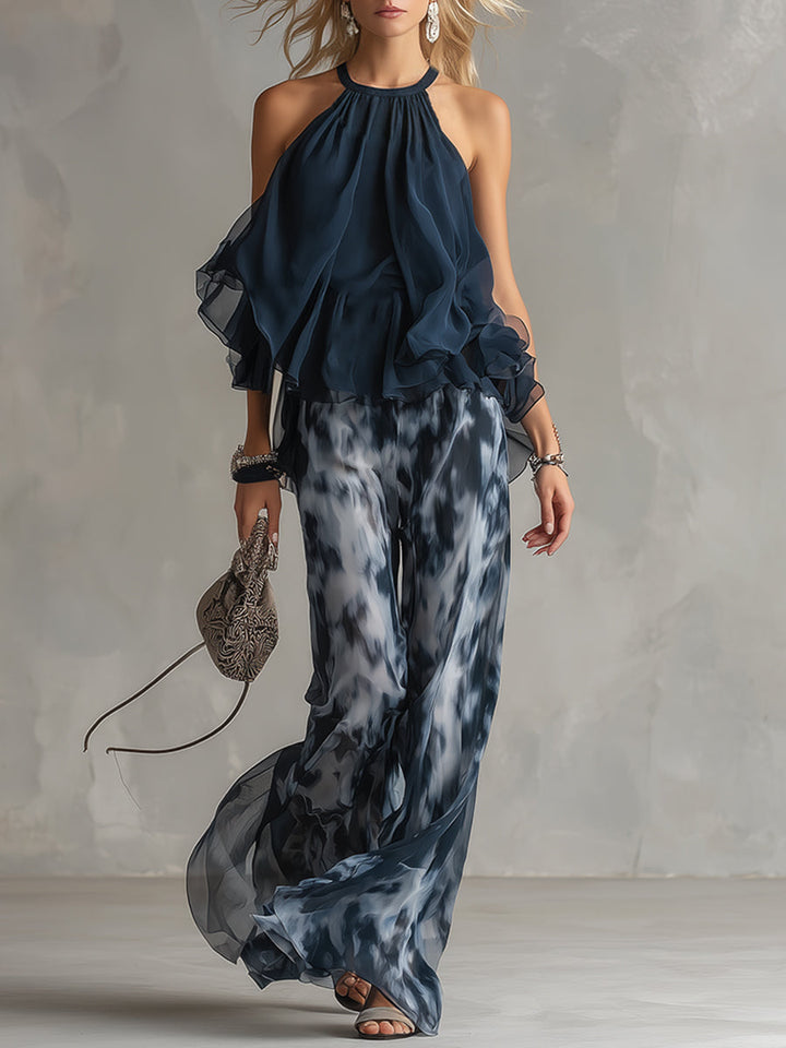Ludovica | Elegant Set with High-Neck Top and Wide-Leg Printed Trousers