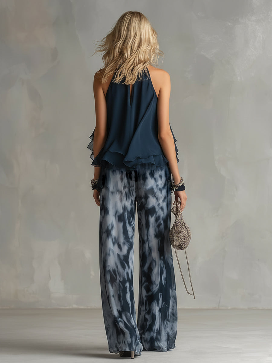 Ludovica | Elegant Set with High-Neck Top and Wide-Leg Printed Trousers