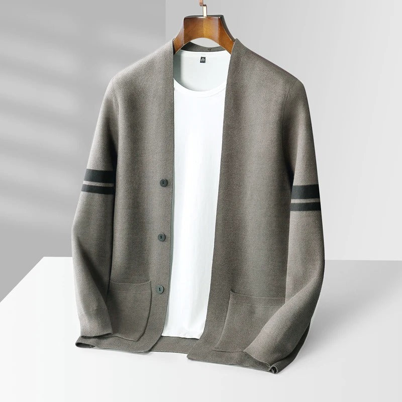 Men’s Striped-Sleeve Button-Up Cardigan