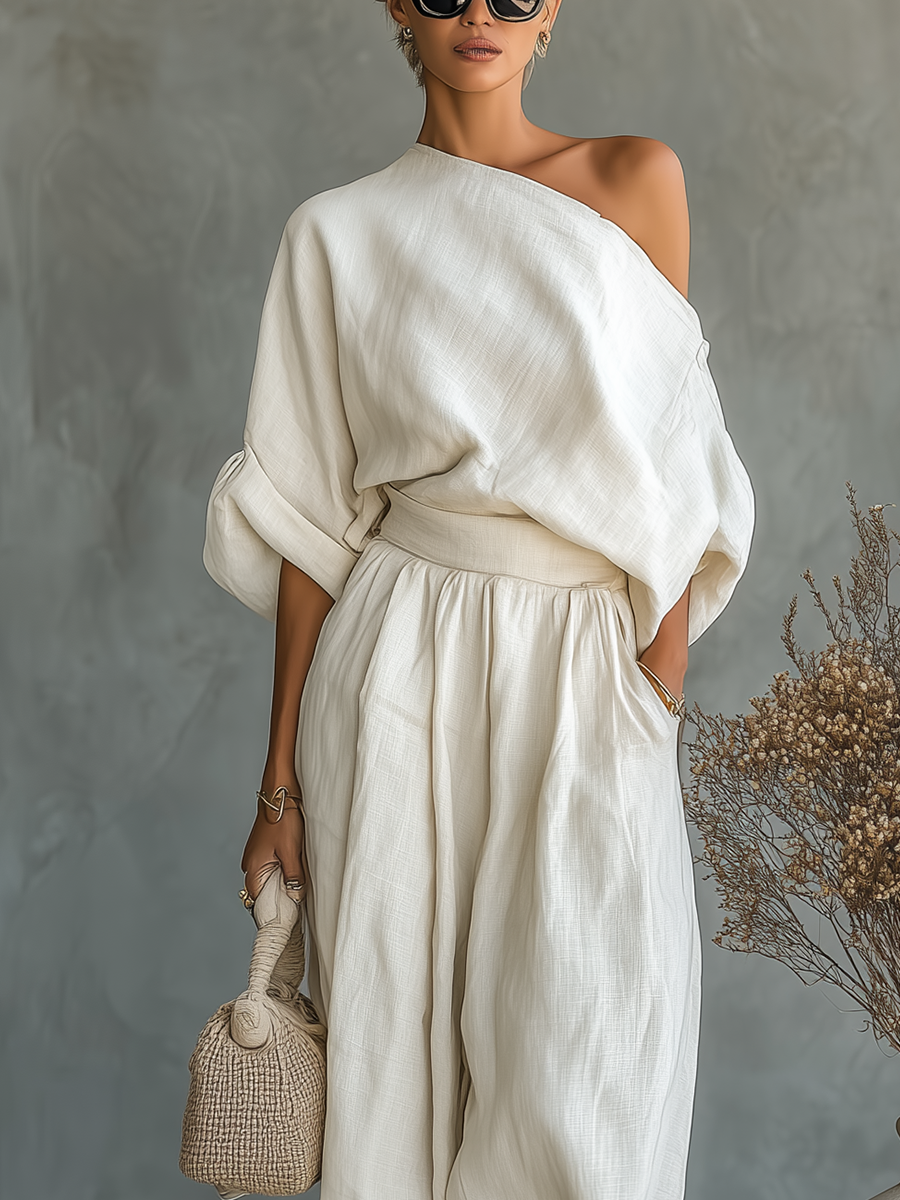 Ella | White Linen Off-Shoulder Set Pants