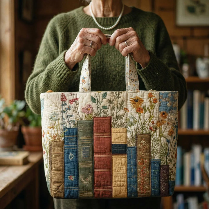 Quilted Tote - Books and Flowers