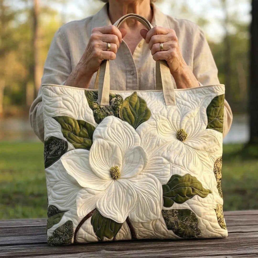 Quilted Tote - Elegant White Lilies