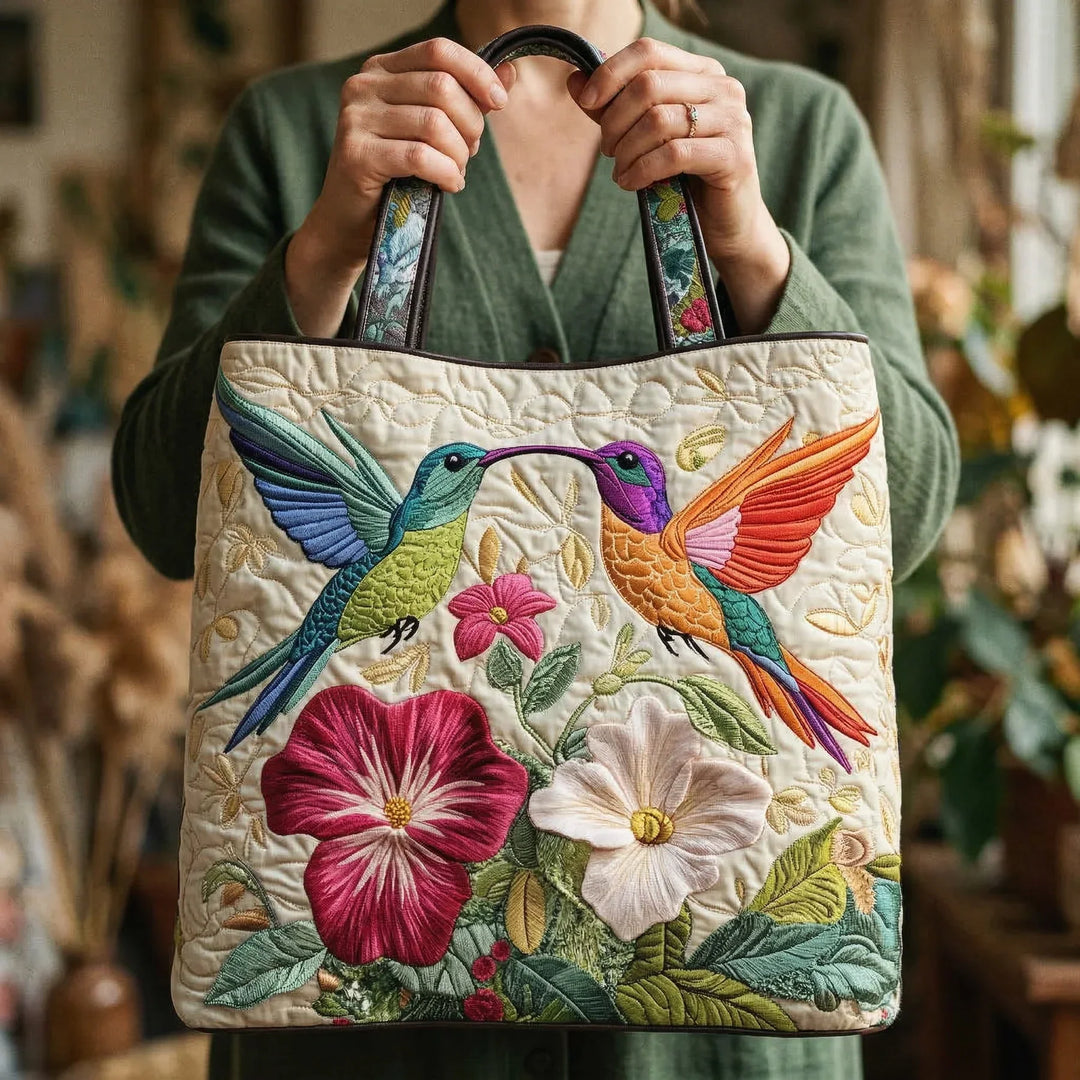 Quilted Tote - Hummingbird and White Flowers