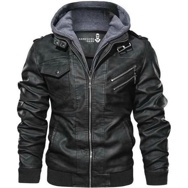 Men’s Hooded Multi-Zip Leather-Look Jacket