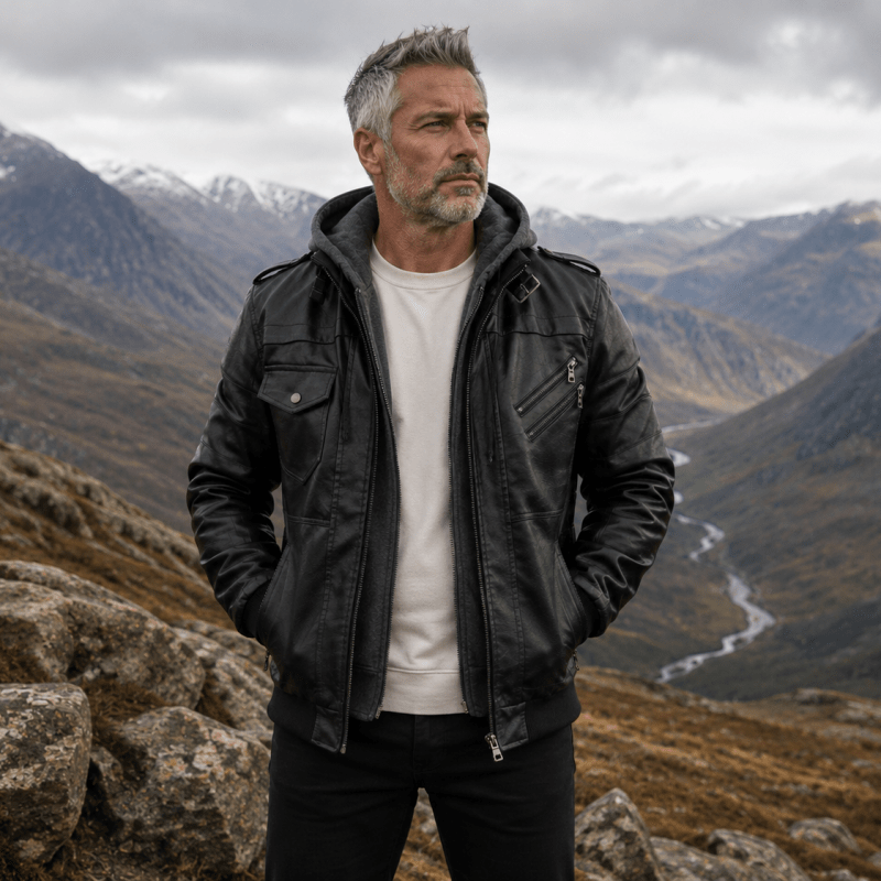 Men’s Hooded Multi-Zip Leather-Look Jacket