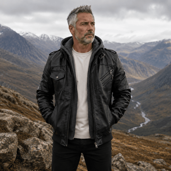 Men’s Hooded Multi-Zip Leather-Look Jacket