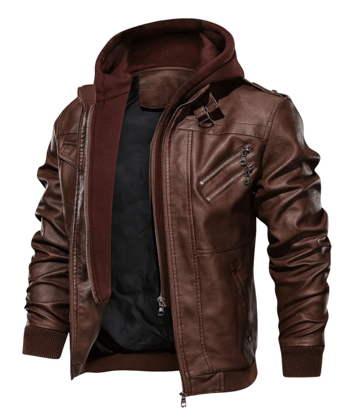 Men’s Hooded Multi-Zip Leather-Look Jacket