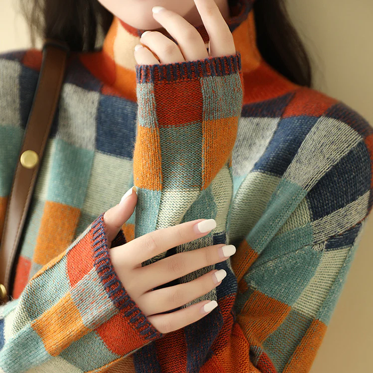Women’s Oversized Check Roll-Neck Jumper