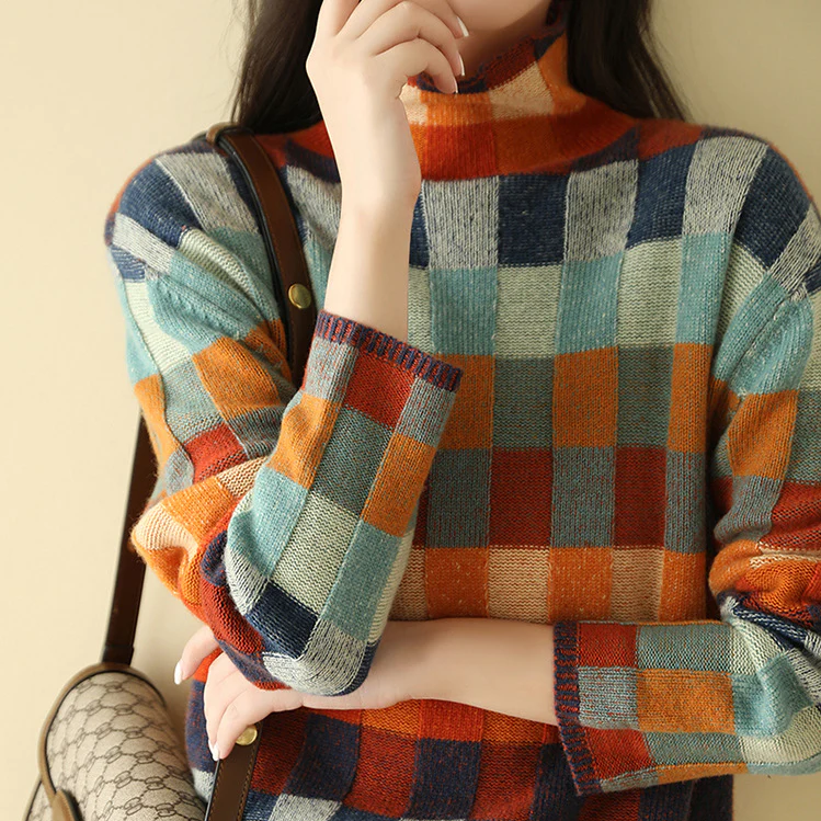 Women’s Oversized Check Roll-Neck Jumper