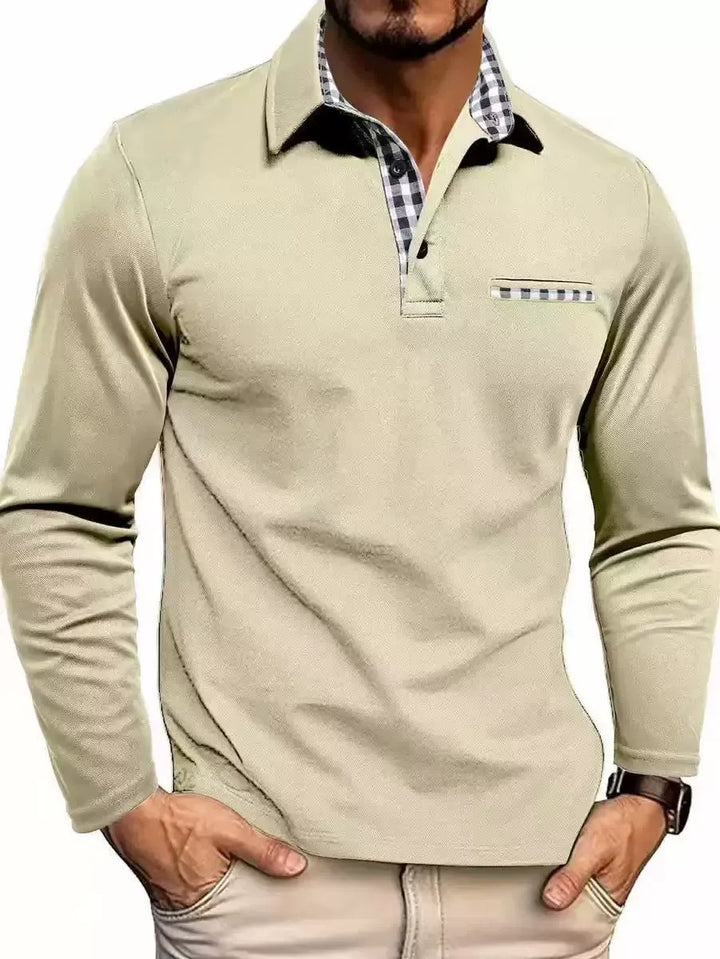 Men’s Check-Trim Long-Sleeve Polo Shirt