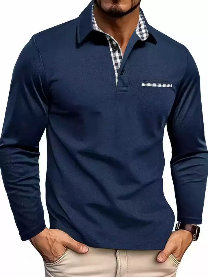 Men’s Check-Trim Long-Sleeve Polo Shirt