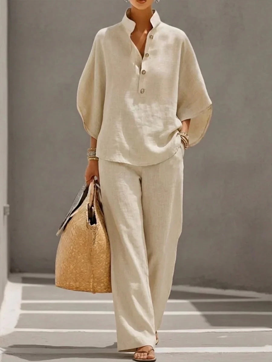 Maribel™ | Linen Set with Batwing Sleeves and Wide Pants
